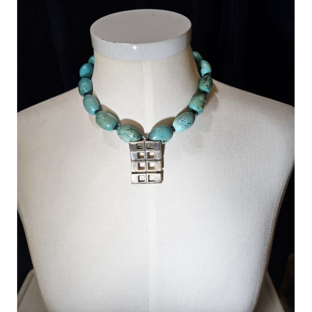 Artisan Turquoise Beaded Necklace 925 Sterling Silver Geometric Pendant 16"